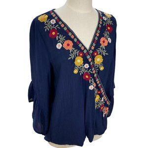 Embroidered Floral Surplice Boho Shirt Blue Gauzy Bell Sleeve Hippie Artsy Sz S
